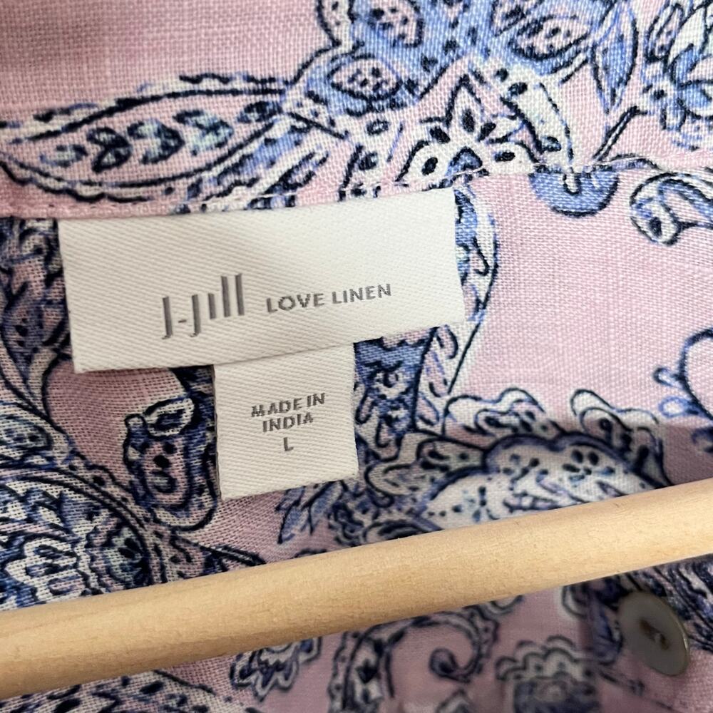 J. Jill Love Linen Popover Top Womens Large Pink Purple Paisley Floral V Neck - Picture 5 of 9